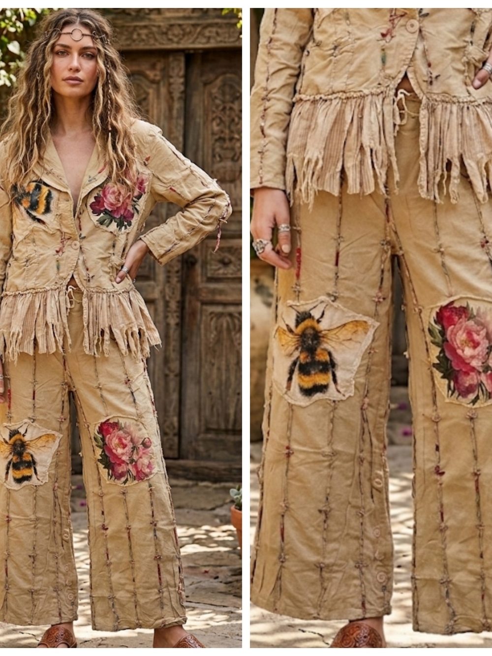 Embroidered Wide-Leg Pants with Bee & Floral Appliqué - Beige